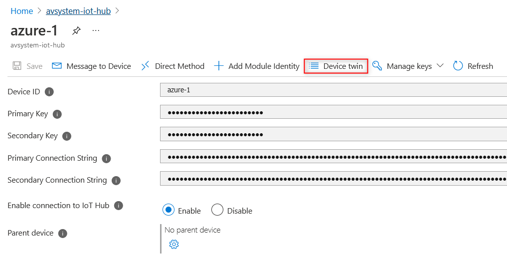 Click on Device Twin Device view in Azure IoT Hub