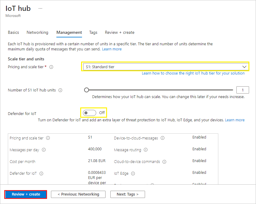 IoT hub management tab