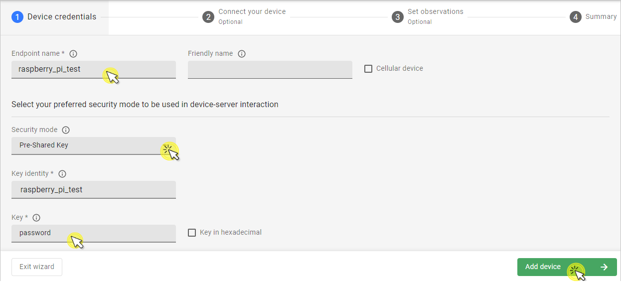 Device credentials step