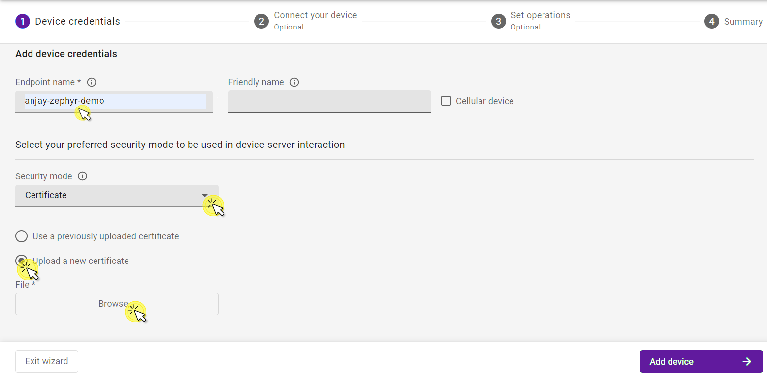 Device credentials step
