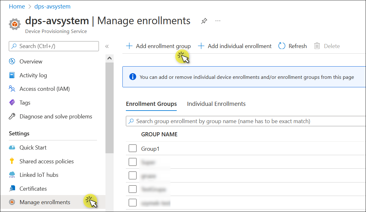 Click Add enrollment group in the Manage enrollments panel
