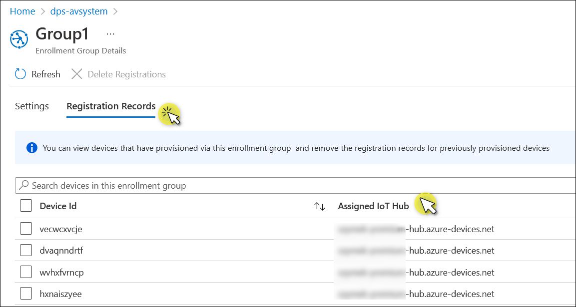 Registration Records show to which hub a device has been assigned