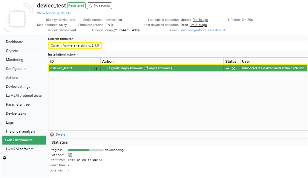 LwM2M firmware upgrade status