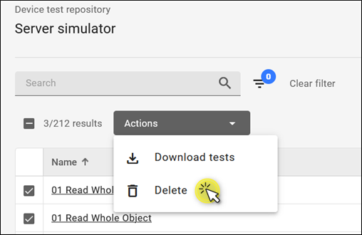 Delete a test from the Actions drop-down menu