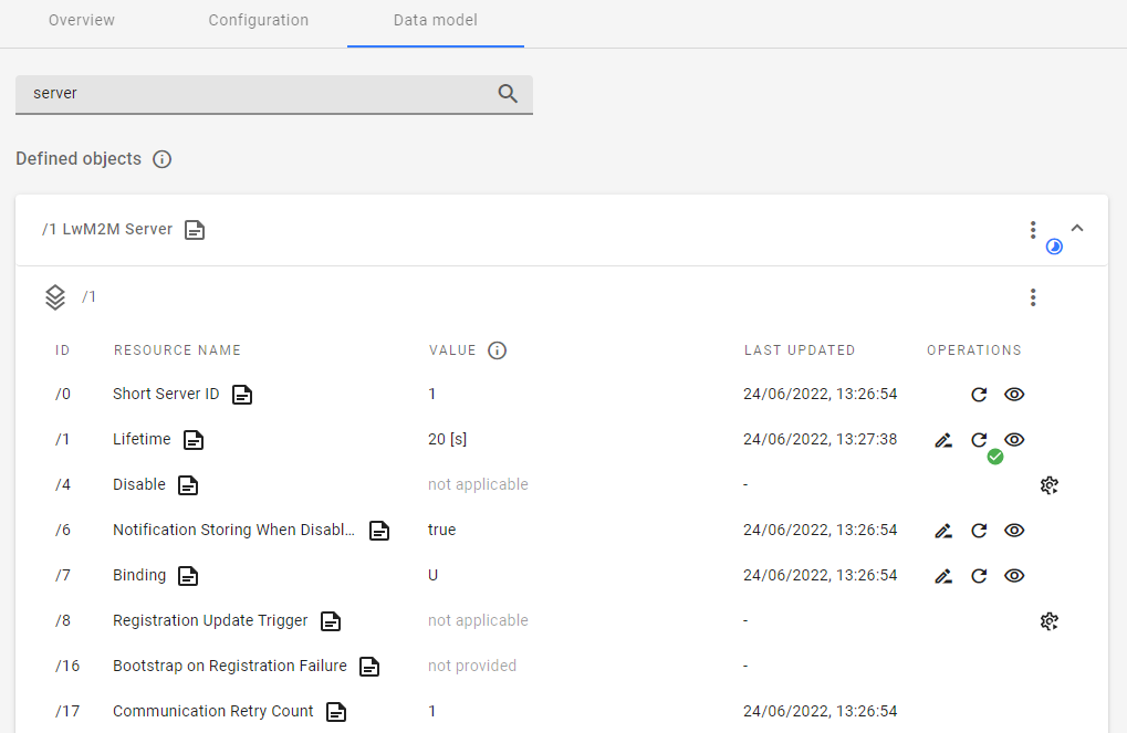 Device Center data model tab